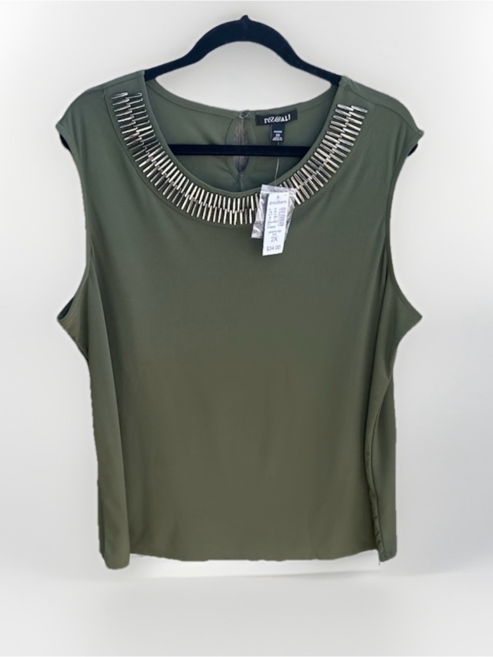 dressbarn Olive Sleeveless Top with Silver Bead‎ Accent